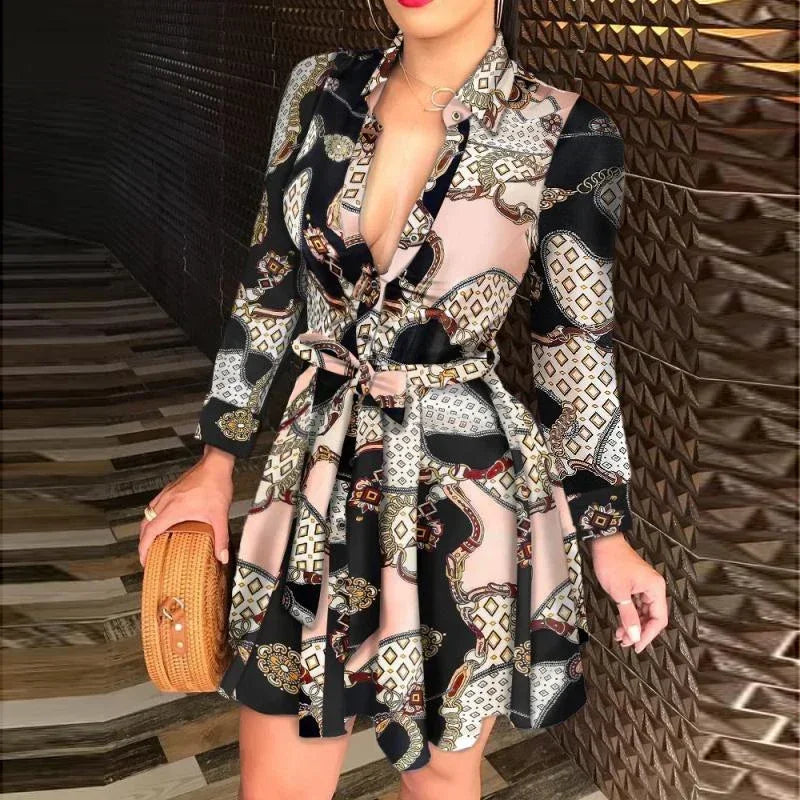 Women Printed Long Sleeve Short Dress Casual Bandage Mini A-line Dresses Sexy Party Summer Feminias Vestidos de Mujer Clothes - Sri sampi