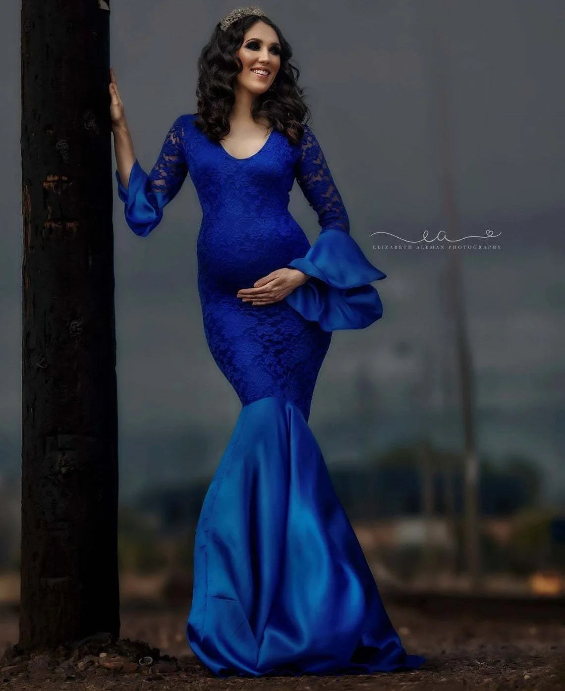 Women's Long Sleeve Lace Maternity Gown for Photoshoot Mermaid Maxi Photography Dress For Baby Shower Photo Props