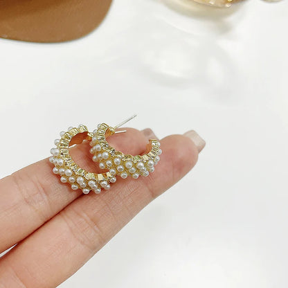 Pearl C-shaped Small Earrings for Women Imitation Pearl Beads Thin Stud Earrings Korean Fashion Lovely Girls Ear Accessories