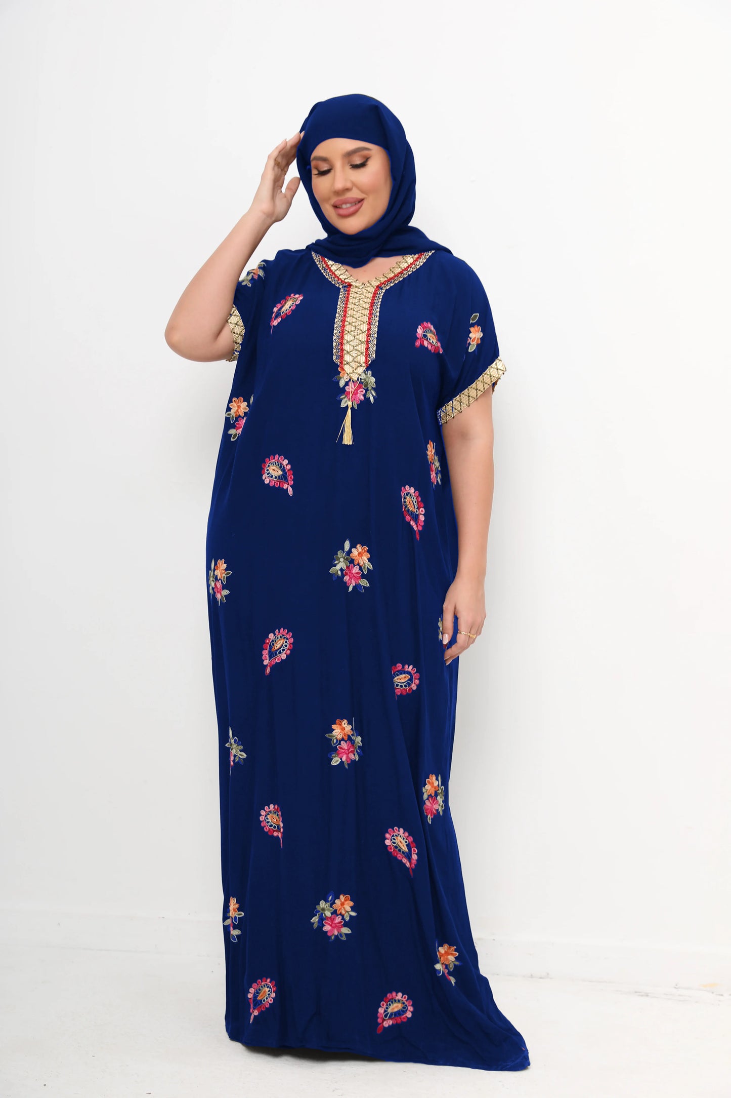 2 Pieces Set African Dresses For Women Cotton O-neck Jilbab Short Sleeves Kaftan Dubai Abaya Hijab Muslim Plus Size Robe