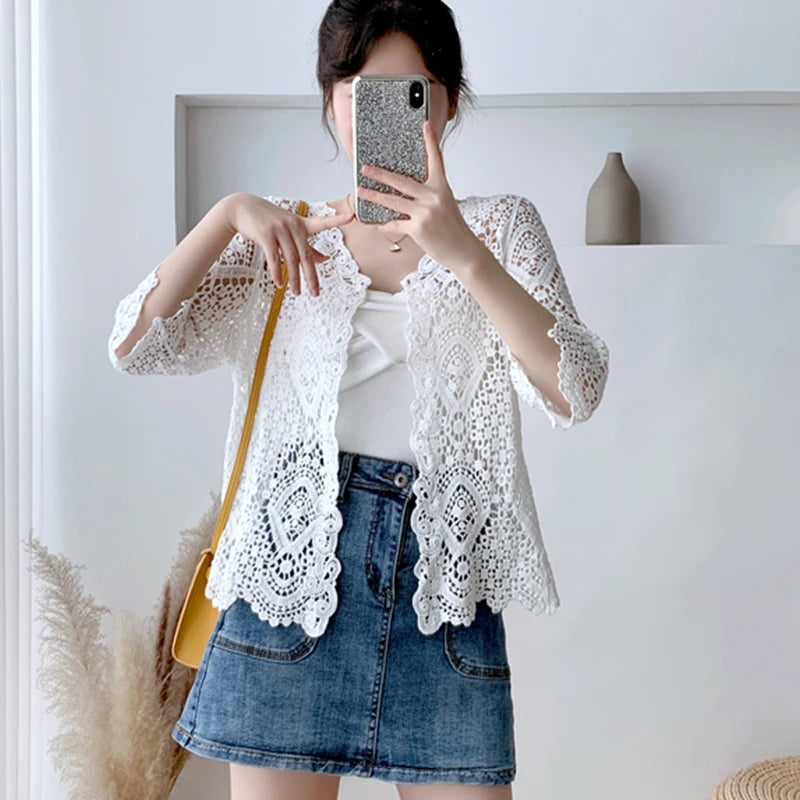 Shawl summer outerwear cardigan women's thin cut hollowed out knitted small jacket short cover up very fairy sun proof air-condi