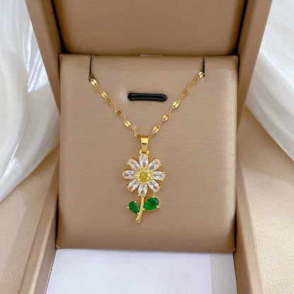 Classic Green Leaf Flower Necklace and Earrings Set Light Luxury Sunflower Personalized Banquet Stainless Steel Jewelry