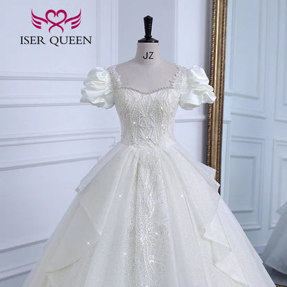 Customized Short Puff Sleeves Princess Wedding Dresses Europe Style 2024 New Gilter Tulle Quality Wedding Gown For Bride WX0308