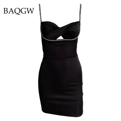 Elegant Rhinestone Diamond Patchwork Party Women Dress Vintage Spaghetti Strap Sleeveless Sexy Hollow Out Zipper Mini Dress