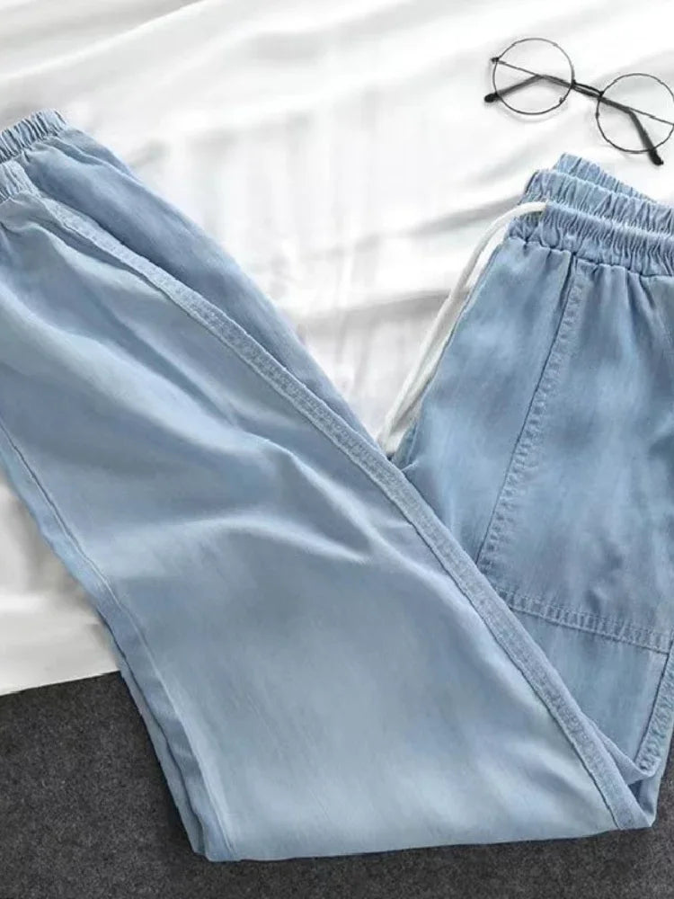 Women Pants Summer New 2023 LOOSE Lace-up Thin High Elastic Woman Jeans Oversize Trousers Soft Cool Female Casual Denim Pants - Sri sampi