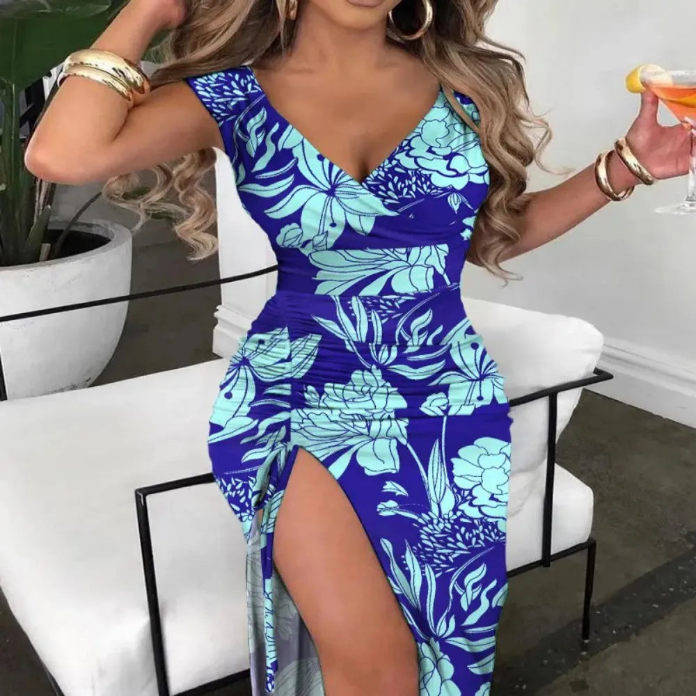 Summer Sexy Print V-neck Slim Short Sleeve V-neck Vestido 2023 Women Split Fashion Midi Dress Mulheres Robe Evening Long Elegant