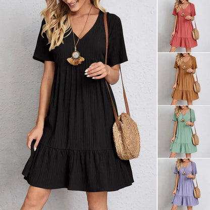 Vintage Solid Elegant Women Dress 2024 Summer Fashion Casual V-Neck High Waist A-Line Mini Dresses Lady Short Sleeve Party Dress