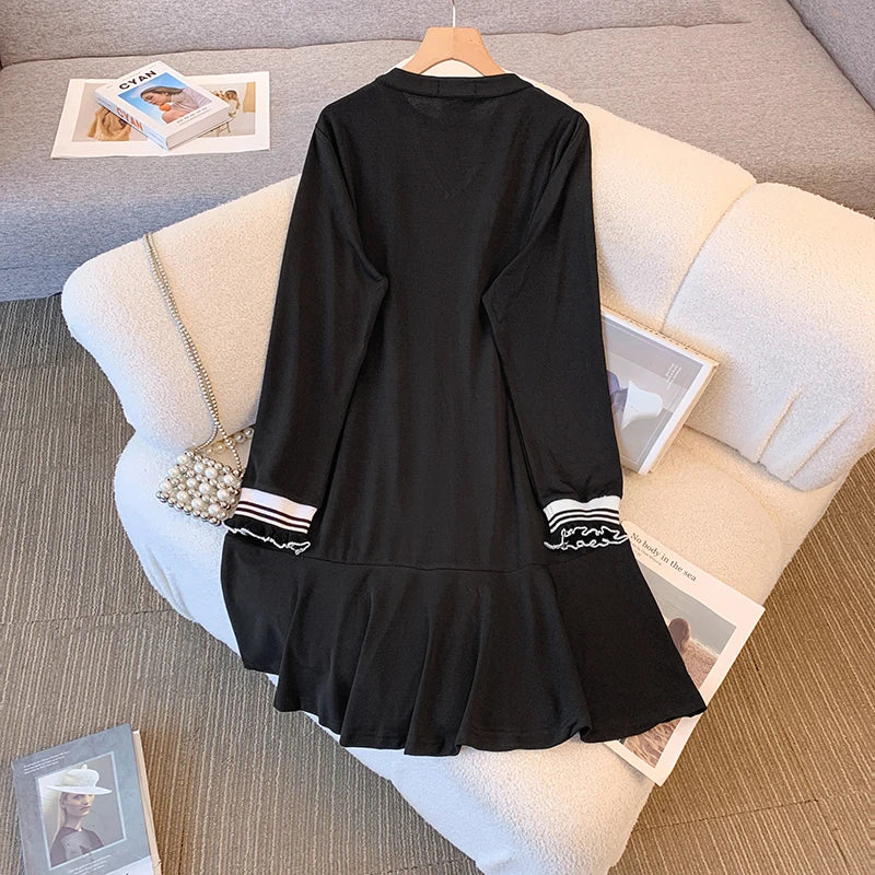 Plus-size women's Spring preppy black dress Casual commuter look young Polyester long skirt loose look slim 2X-large to 6X-large