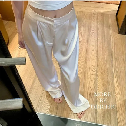 Acetate Satin Straight Casual Trousers Women 2023 New Summer Fashion Temperament Loose Wide Leg Pants Woman Clothes Comfortable