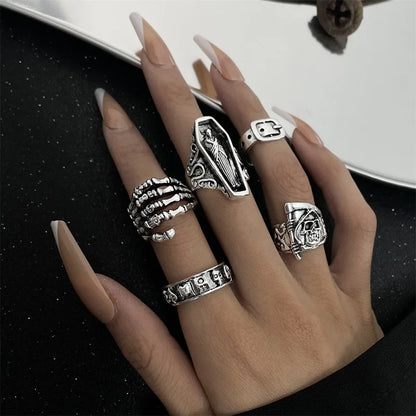 6Pcs Punk Poker Joker Silver Color Rings for Men Goth Skeleton Billiards Set Couple Emo Fashion Jewelry Anillos Hombre