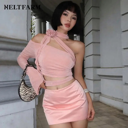 Sexy Women Top Hollowed Out Navel Hanging Neck Sexy Diagonal Shoulder Single Sleeve Flower Halter Hotsweet Club Party Dresses