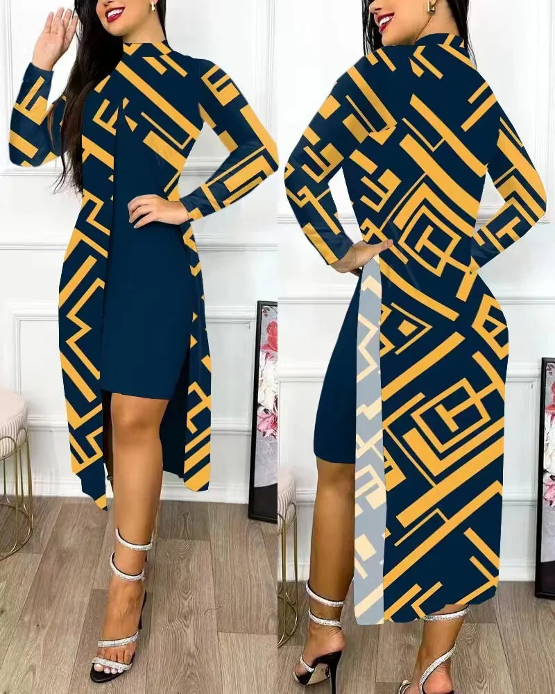 Women's Printed Slit Dress High Neck High Waist Hollow Long Sleeve Fashion Loose Casual Sexy Slit Asymmetrical Office Clothing