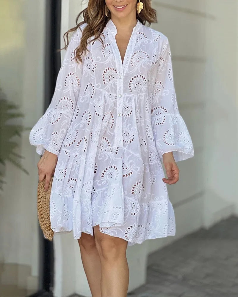 Solid Color Lace Up Buttons Mini Dress V-neck Flare Sleeve Hollow Out Dresses Loose Fit 2023 Summer Women Clothing Vestidos