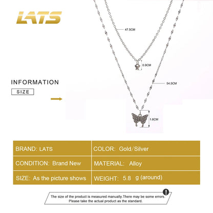 LATS New Shiny Butterfly Necklace Ladies Exquisite Double Layer Clavicle Chain Necklace Jewelry for Ladies Gift