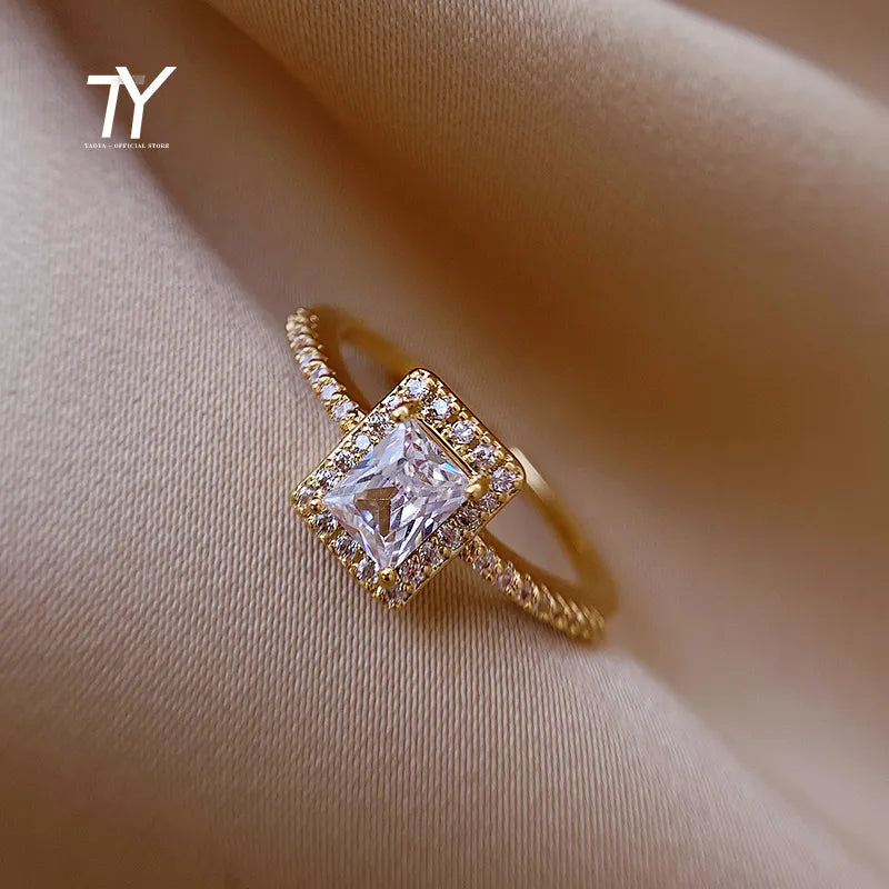 Exquisite Simple Square Zircon Gold Color Open Rings For Woman 2023 Salary Goth Jewelry Wedding Party Girls' Luxury Student Ring