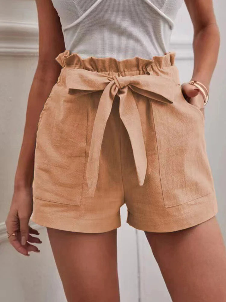 Europe and America Cross border New 2023 Summer Women's Loose Linen Casual Shorts Pockets Solid Large High Waist Wide Leg Pants