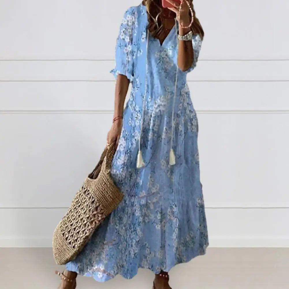 Women Loose Fit Dress Floral Print A-line Maxi Dress with Tassel Detailing V Neckline for Women Vacation Beach Style Ankle - Sri sampi