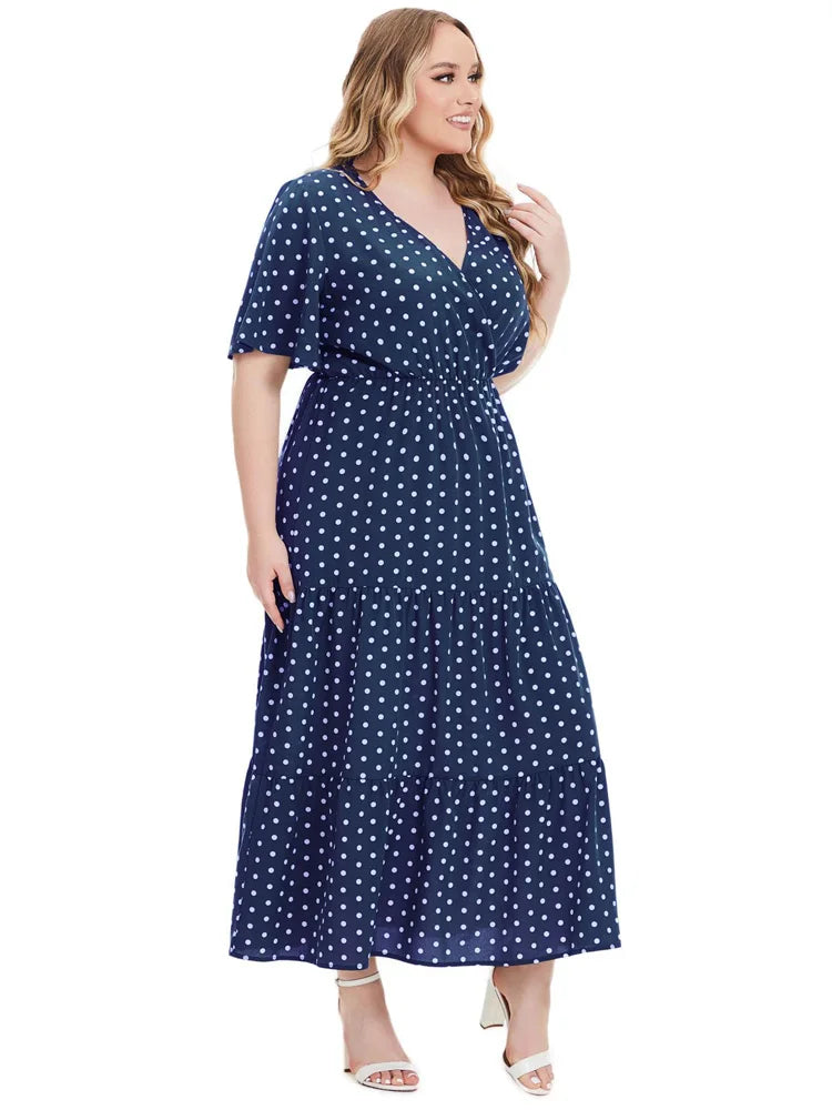 GIBSIE Plus Size Abito da donna a maniche corte con scollo a V a pois 2024 Vacation Beach Casual Ruffle Hem A-line Abiti estivi maxi