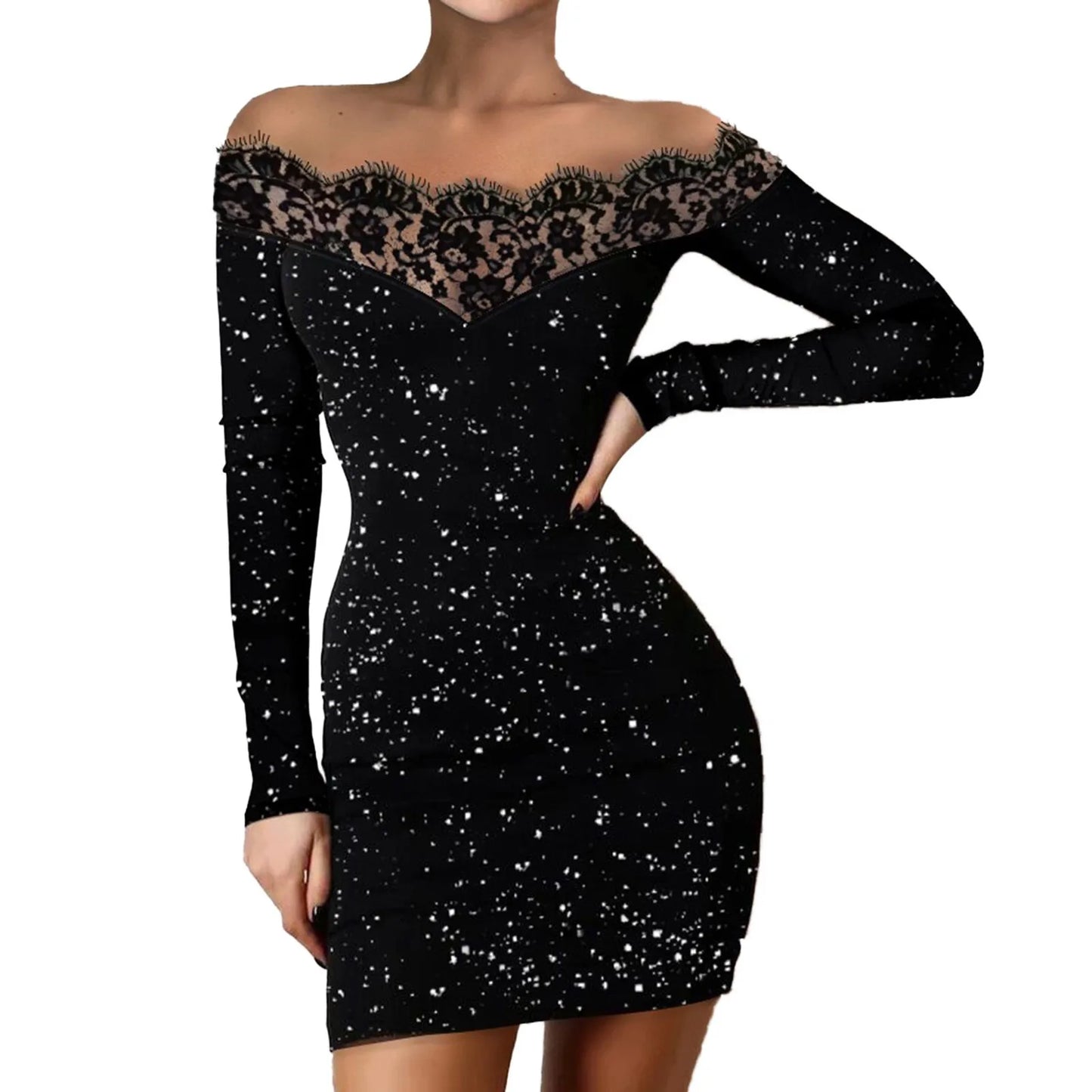 Autumn Women Black Bodycon Mini Dress Mesh Lace Patchwork Long Sleeve Off Shoulder Party Club Short Sequin Slim Dresses Bling