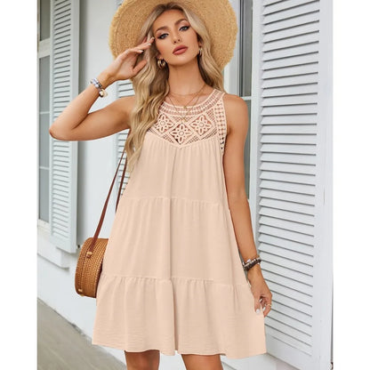 Fashion Sexy Hollow Lace Patchwork Halter Neck Women A Line Dress Summer Casual Solid Color Loose Beach Holiday Female Sundress