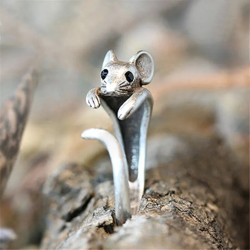 Huitan Cute Mouse Shape Open Ring for Women Antique Silver Color Modern Fashion Girls Finger Accessories Hip Hop Party Jewelry