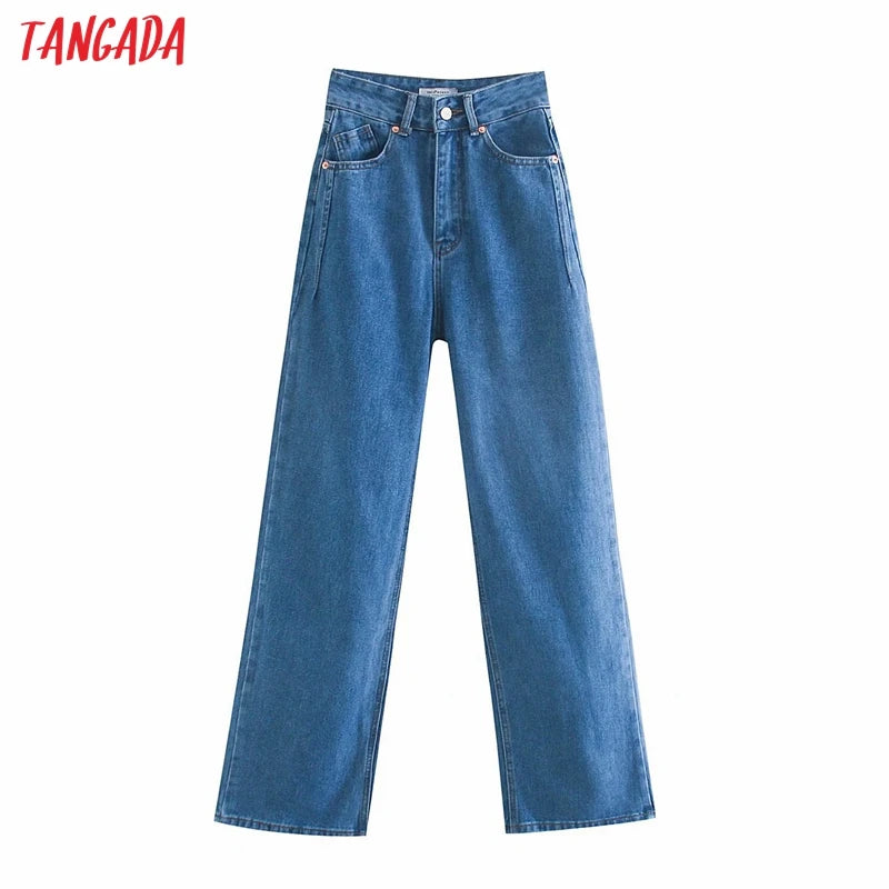 Tangada 2024 Women High Waist Overlength Jeans Pants Trousers Pockets Zipper Female Wide Leg Denim Pants 4M520