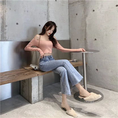 Classic High Waist Light Blue Flare Jeans For Women Elegant Slim Stretch Ankle-length Women Pants All-match Raw Edge Baggy Jeans