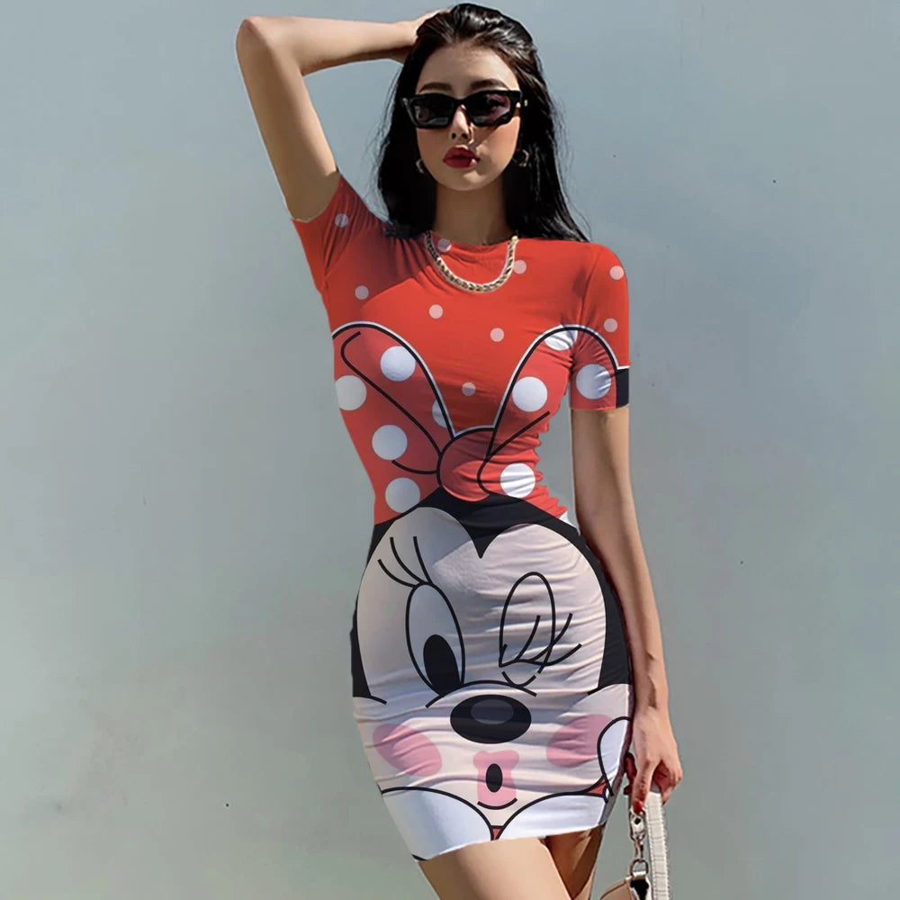 Disney Minnie Mickey Mouse Women's Summer Mini Party Dress 2022 Slim Hip Sexy Tight Y2K Short Sleeve Round neck Dresses Clothes