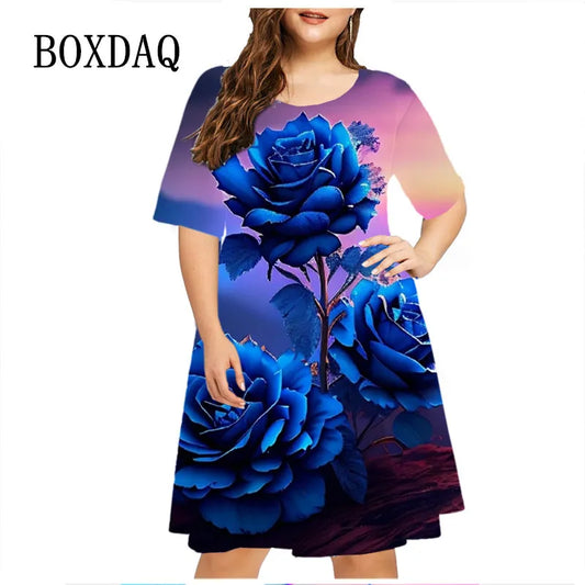 Gradient Blue Rose Flowers Print Dress Women Elegant Short Sleeve O-Neck Party Mini Dress Loose Plus Size Clothing 6XL Sundress