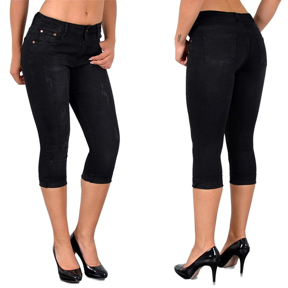 Pantaloncini di jeans al ginocchio da donna estivi 2023 Pantaloni capri Jeans aderenti a vita alta Pantaloni corti con leggings stampati elasticizzati sottili 