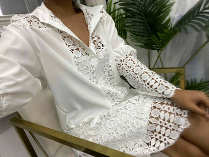 2023 Spring Shirt Dress Guipure Lace Patch with Cami Dresses Women White Wedding Hollow Out Loose Y2k Party Holiday Vestido