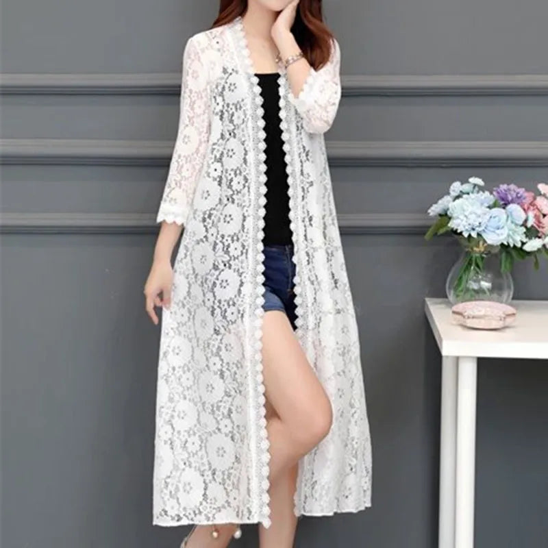 Women Lace Cardigan Mid-length Summer Mesh Shawl Loose Over-the-knee Sun Protection Clothing Women Jacket Shirt Outerwear - Sri sampi