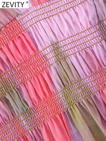ZEVITY Women Fashion V Neck Color Match Tie Dyed Print Sling Midi Dress Female Chic Summer Backless Elastic Slim Dresses DS4616