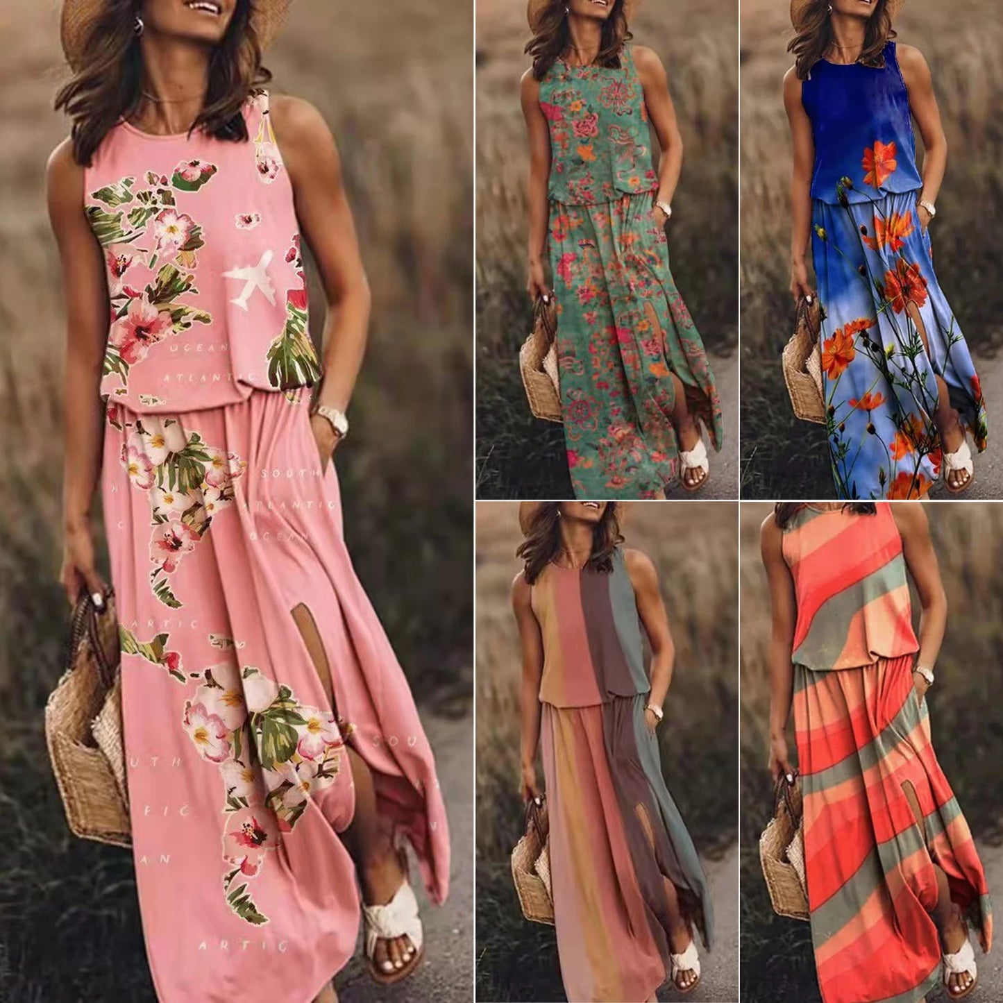 Abito lungo maxi da donna estivo Abiti da spiaggia Abito estivo floreale casual senza maniche 2023 Abiti estivi verdi per le vacanze Abito canotta Boho