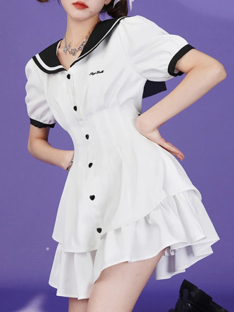 Summer Short Dresses Women Sweet White Dress Female Japanese Lolita Pleated Dress Ladies Preppy Style Sailor Collar Vestidos