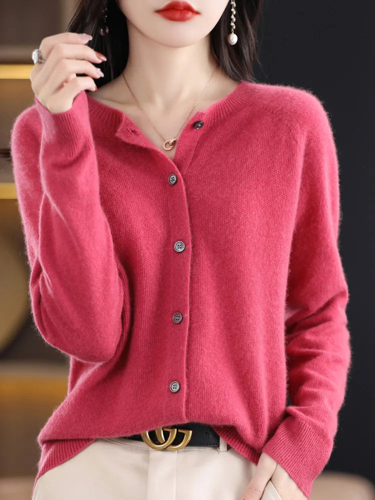 New Fashion Spring 100% Pure Merino Wool Womens O-neck Cardigan Cashmere Sweater 2024 Female Clothing Grace Knitwear Korean Tops