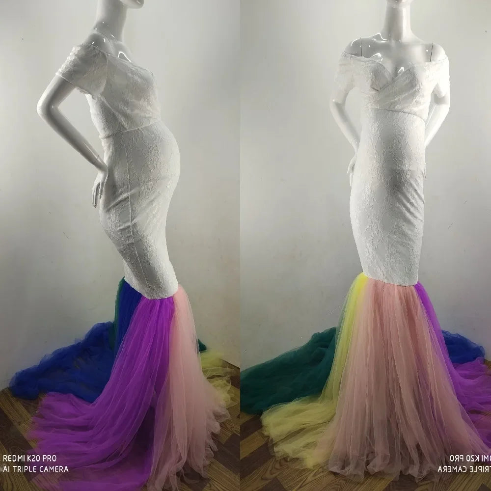 Rainbow Tulle Maternity Dress for Photoshoot Baby Shower Wedding Off-Shoulder Sweetheart Lace Mermaid Photography Gown w/ Train