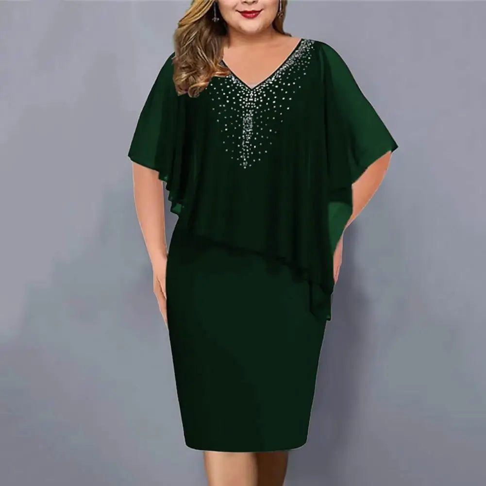 plus size Beautiful Party Midi Dress Knee Length Women Sheath Dress Rhinestone Decor Wedding Party Summer Party Dress Daily Wear