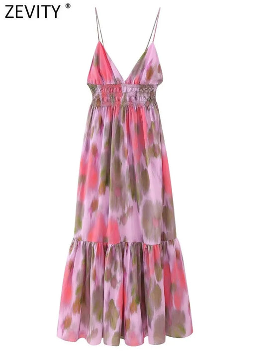 ZEVITY Women Fashion V Neck Color Match Tie Dyed Print Sling Midi Dress Female Chic Summer Backless Elastic Slim Dresses DS4616
