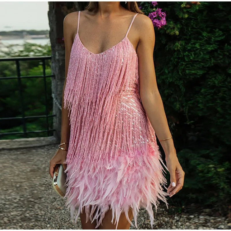 Fringed Evening Party Dress With Feathers for Women's 2023 Sequin Stitching Slim V-Neck Off Shoulder Wedding Guest  Vestidos