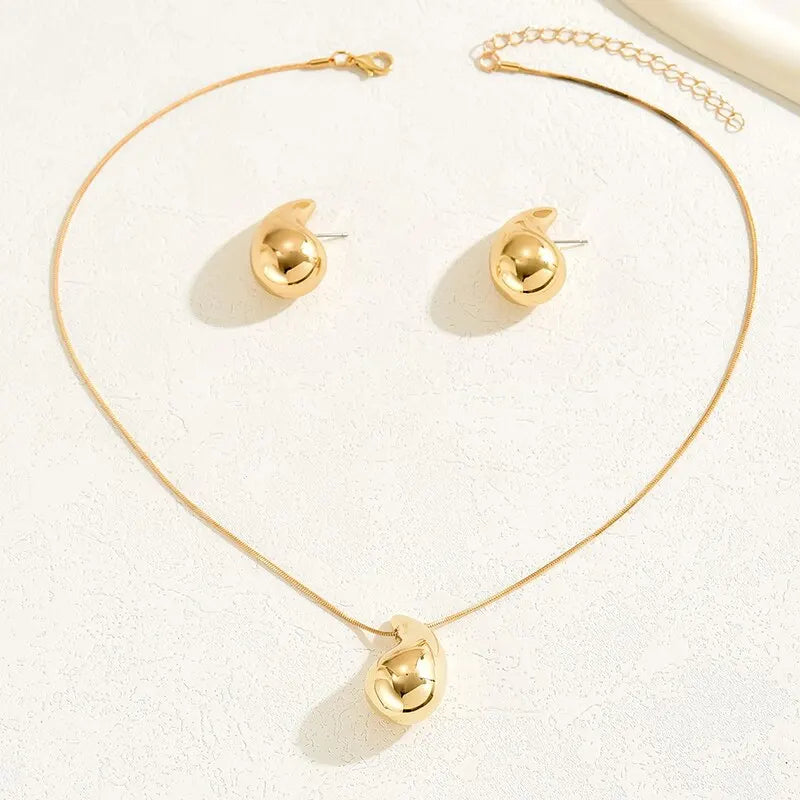 Water Drop Shape Jewelry Set 2 Pcs Necklace Stud Earrings Gold Silver Color Dupes Chunky Teardrop Earring Simple Style for Woman