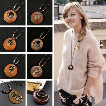 New Retro Sweater Chain Round Wooden Leaf Owl Long Sweater Clothing Pendant Women Vintage Leather Lanyard Female Jewelry Gifts