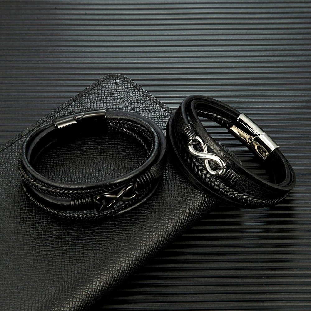 MKENDN Classic Men Infinity Bracelet Woven Multilayer Braided Leather Bracelets For Women Black Stainless Steel Jewelry Gifts