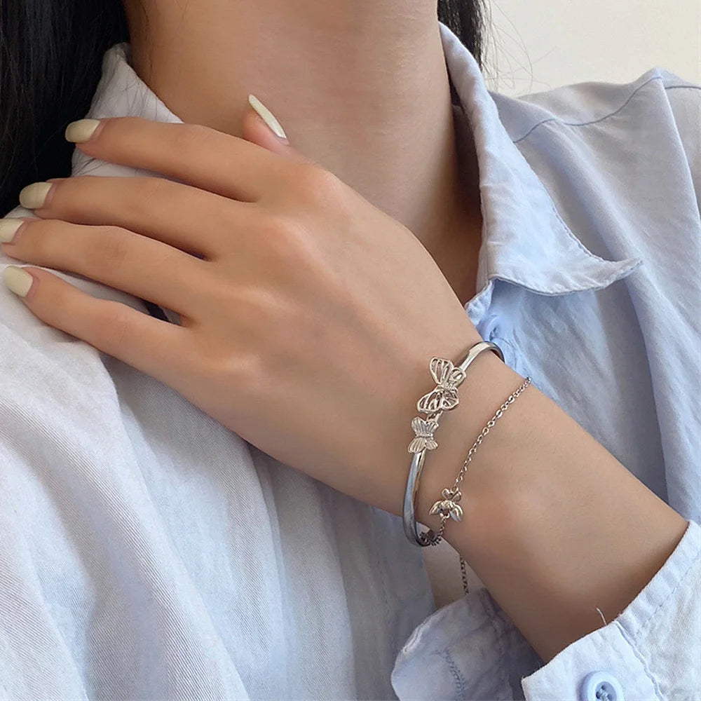 Fashion Hollow Butterfly Bangle Bracelet Silver Color Double Layer Tassel Chain Bracelet For Women Girls