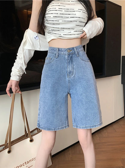 High Waist Shorts Women Summer Knee Length Pockets Casual Solid Simple Korean Style Streetwear School Trousers All-match Fashion