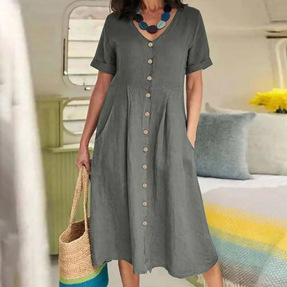 Women's Clothing Summer Casual V Neck Short Sleeve Cotton Linen Midi Dress Solid Loose High Waist Elegant Party Dresses Vestidos