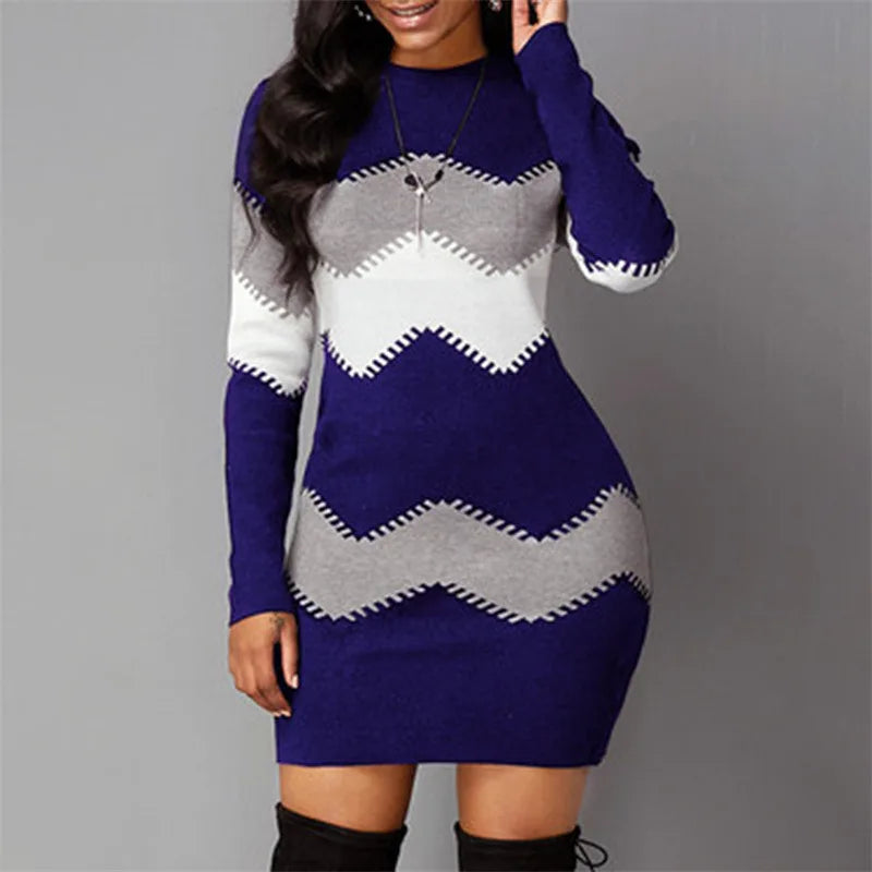 Women Elegant Patchwork Long Sleeve Warm Dress 2022 Autumn Winter Rib Knit Sweater Dress Casual Turtleneck Pullover Mini Dresses