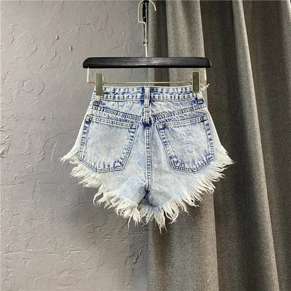 Women's Ripped Mid Rise Denim Jeans Shorts Summer Button Tassel Single-breasted Wide-leg Denim Shorts Jeans Streetwear