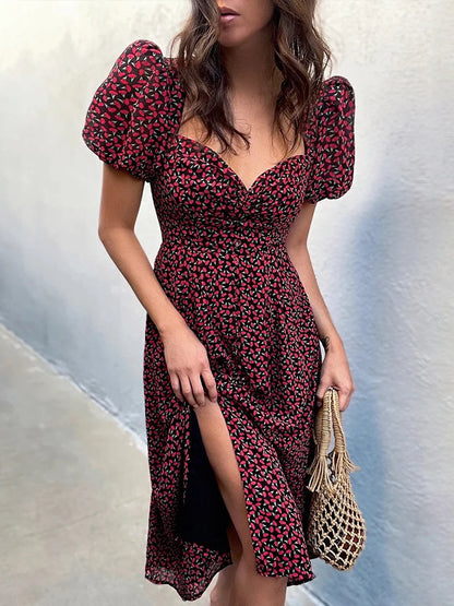 Puff Short Sleeve Women Summer Midi Dress Vintage V Neck White Floral Print French Style Sundress Sexy Slit Party Dresses 2022