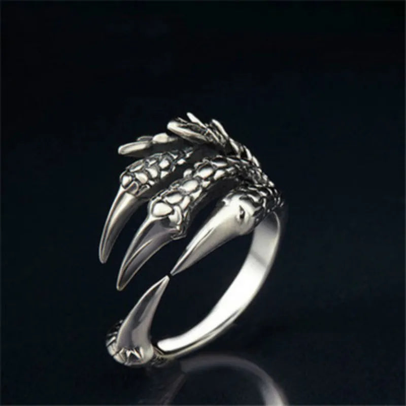 Stainless Steel Vintage Silver Dragon Claw Adjustable Opening Ring Tibetan silver Eagle Animal Rings for Men Women Punk Jewelry